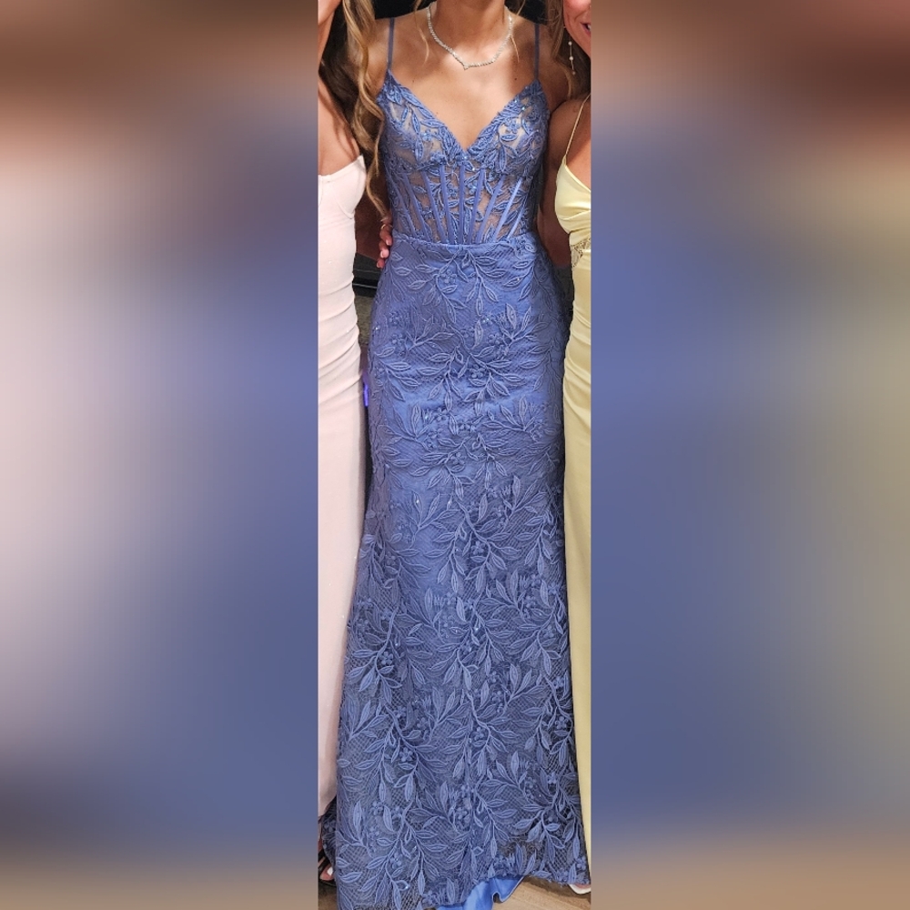 Ellie Wilde Navy Lace Prom Dress